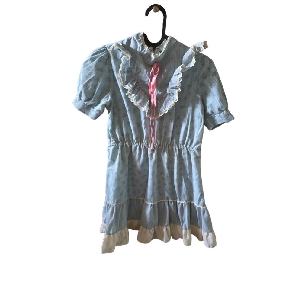 Vintage Sears Roebuck & Co. Regular 10 Blue Floral‎ Dress With White Lace & Pink
